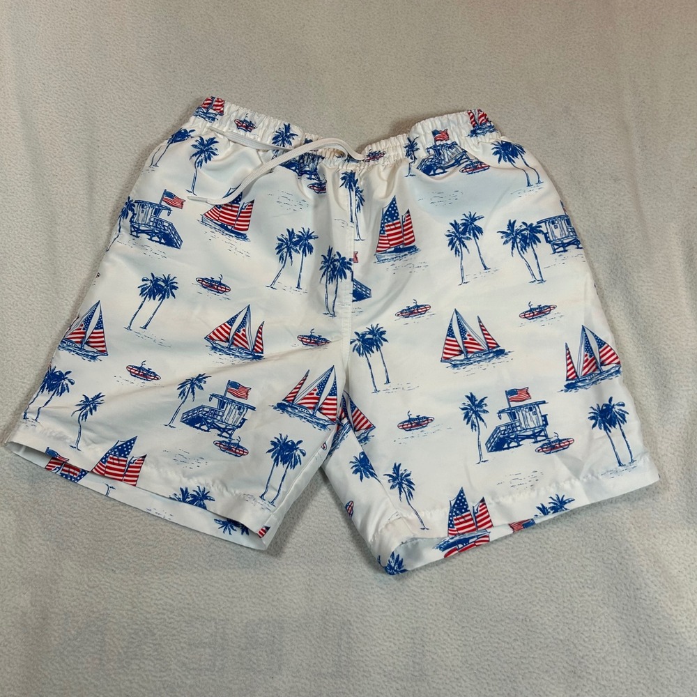 Chubbies Swim Trunks Mens Large White Nautical Sailboat Palm Tree Patriotic 5.5"